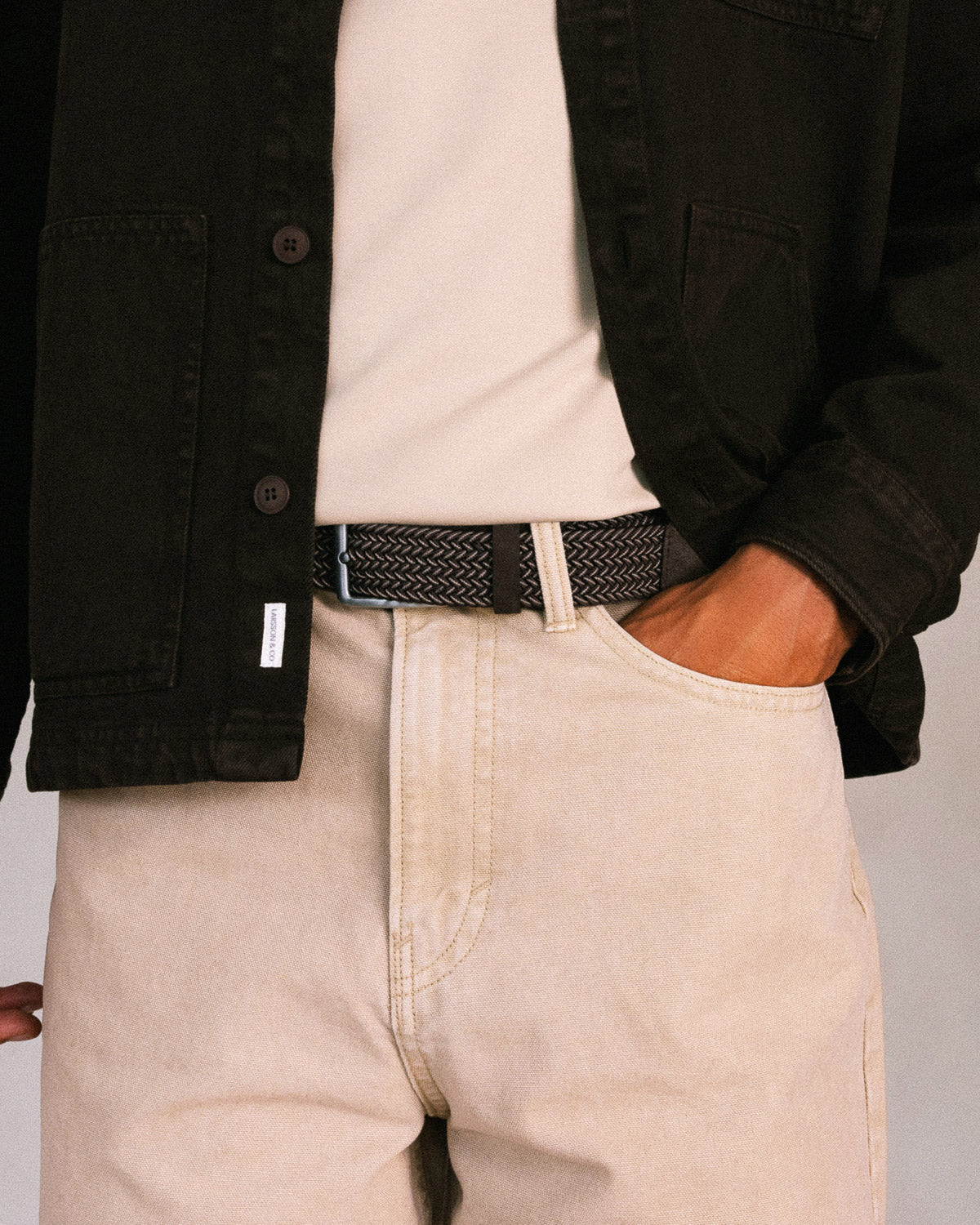 Grey &amp; White Stitch Detail Woven Casual Stretch Belt
