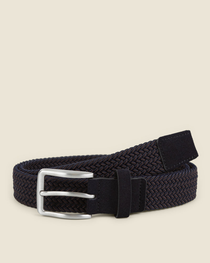 Somero - Navy &amp; Brown Stitch Detail Woven Casual Stretch Belt