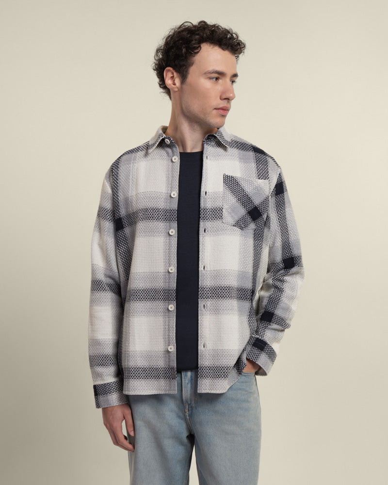 Cream With Navy Check Textured Overshirt