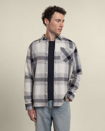 Cream With Navy Check Textured Overshirt