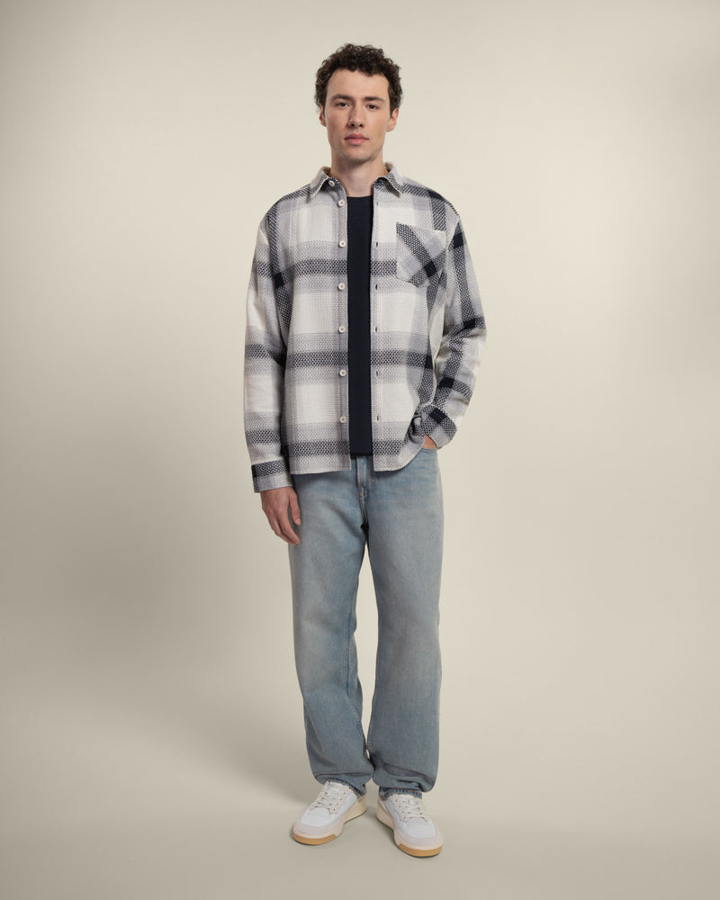 Cream With Navy Check Textured Overshirt