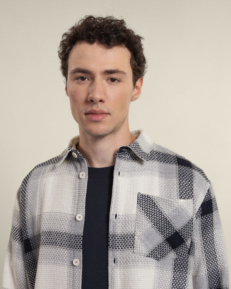 Cream With Navy Check Textured Overshirt