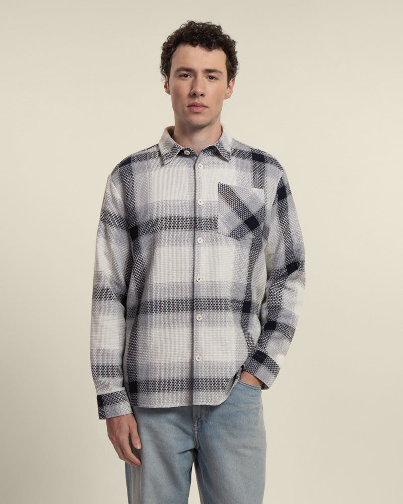 Cream With Navy Check Textured Overshirt