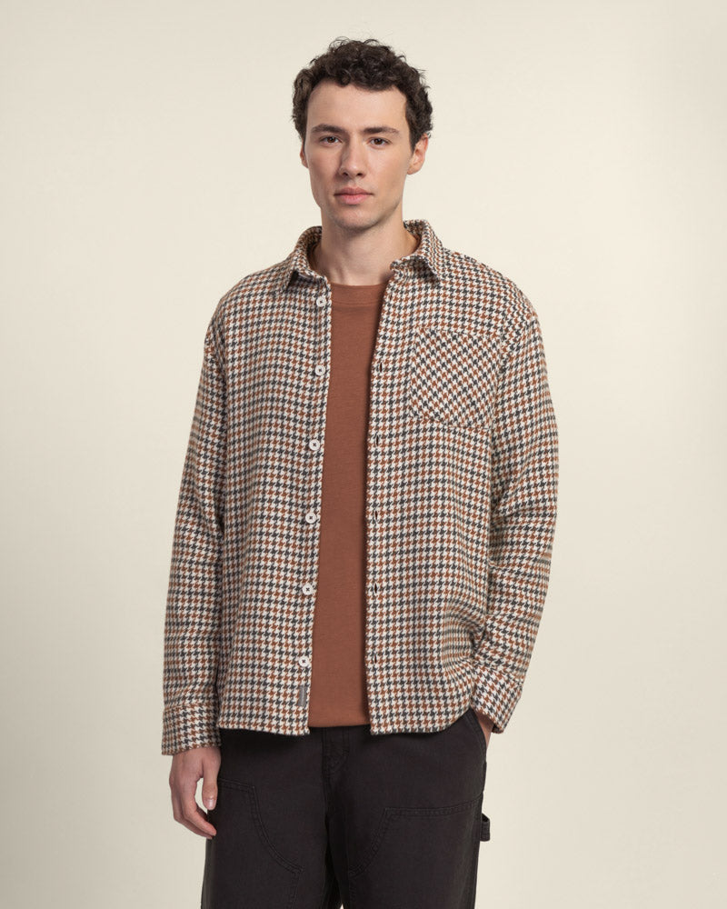Cream, Rust &amp; Charcoal Houndstooth Textured Overshirt