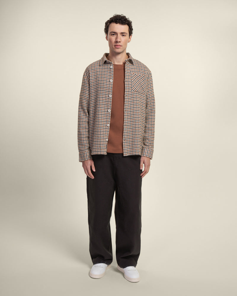 Cream, Rust &amp; Charcoal Houndstooth Textured Overshirt