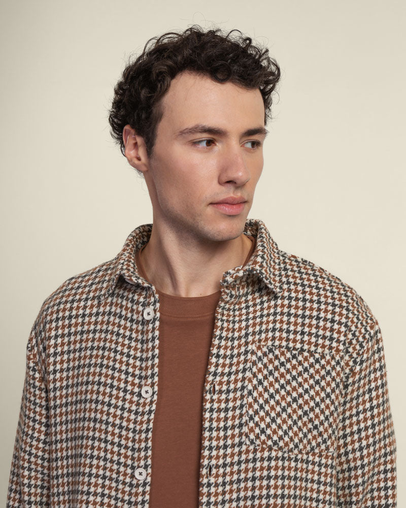Cream, Rust &amp; Charcoal Houndstooth Textured Overshirt