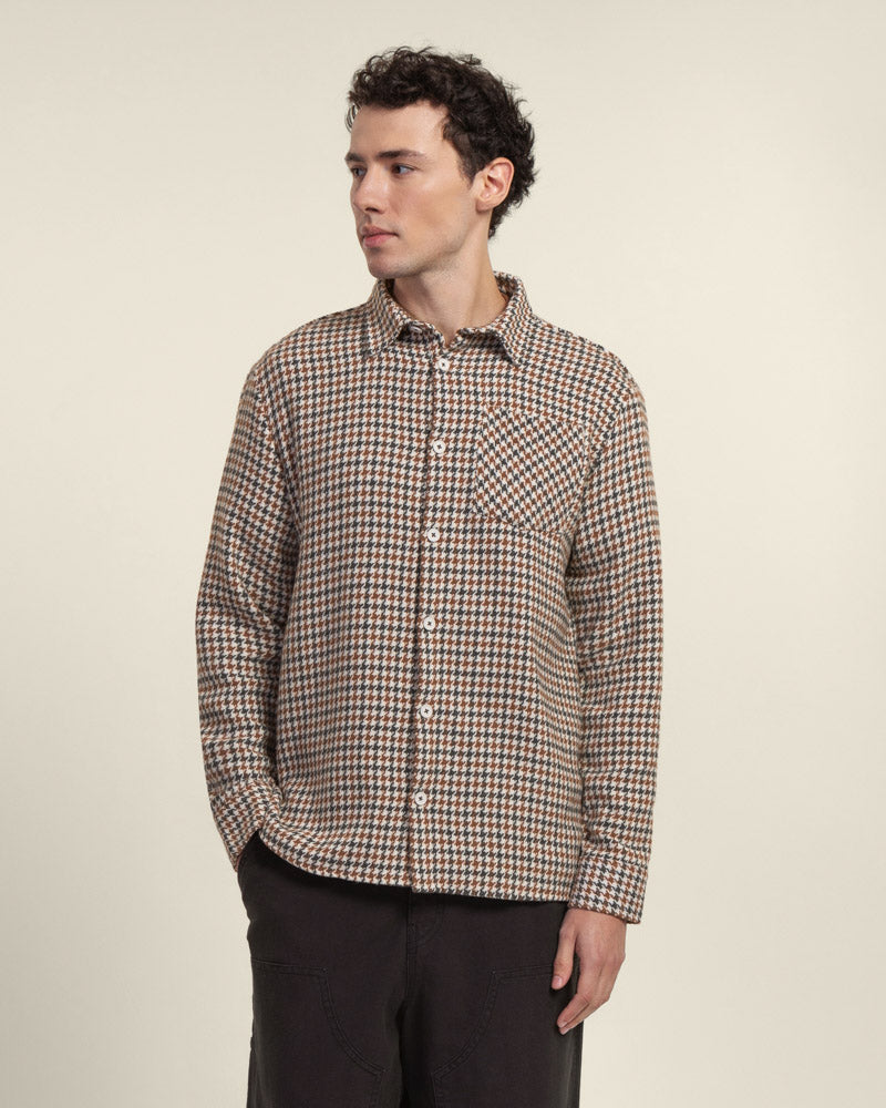 Cream, Rust &amp; Charcoal Houndstooth Textured Overshirt