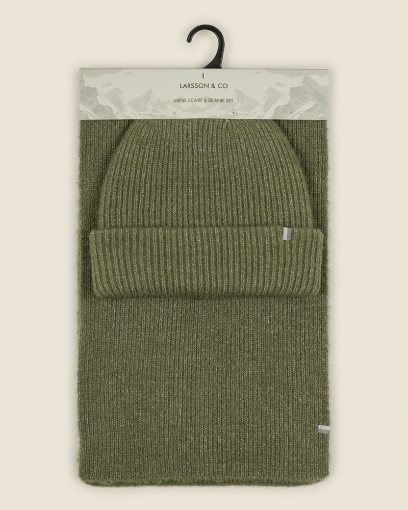 Larsson &amp; Co Men’s Oulu Sage Mixed Yarn Scarf &amp; Beanie Set