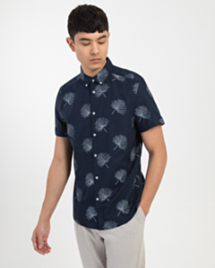 Navy Floral Abstract Print Linen Blend Short Sleeve Shirt