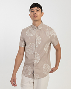 Stone Leaf Print Linen Blend Short Sleeve Shirt