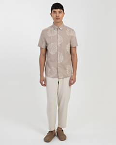 Stone Leaf Print Linen Blend Short Sleeve Shirt