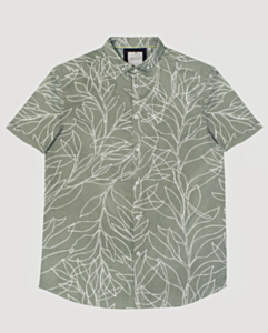 Sage Large Leaf Print Linen Blend Short Sleeve Shirt